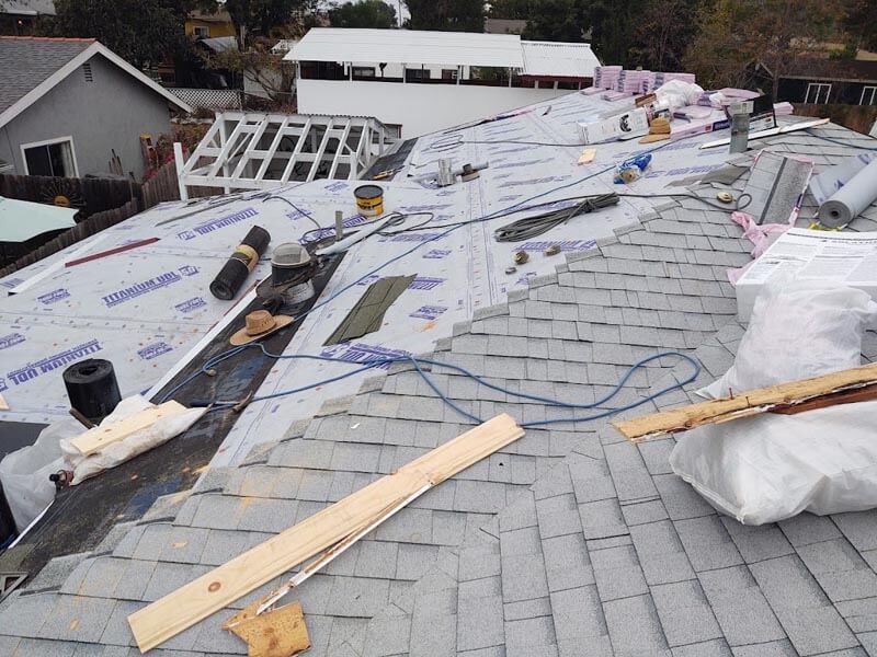 aerial view of a customer's roof while it's being worked on